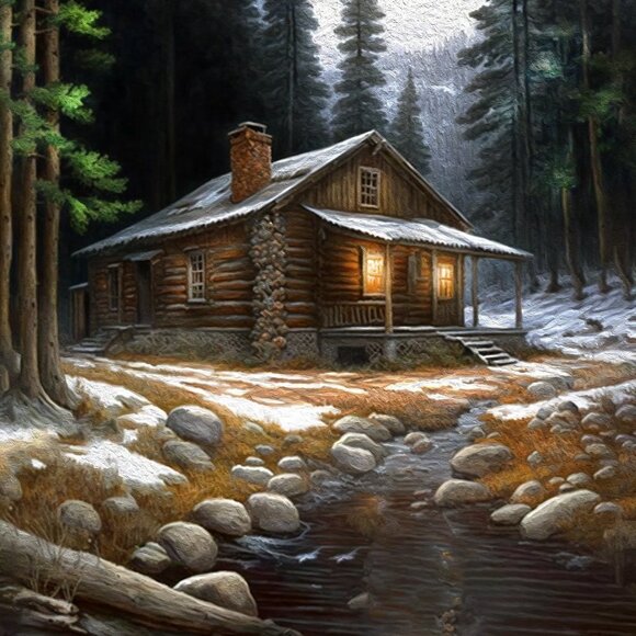 Cabin in the Woods Watercolor Oil Painting Art Print - Picture 9 of 9